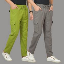 Combo of 2 Cotton Cargo Pant Gray and Olive Green-48308