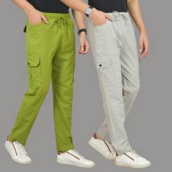 Combo of 2 Cotton Cargo Pant Light Gray and Olive Green-48307