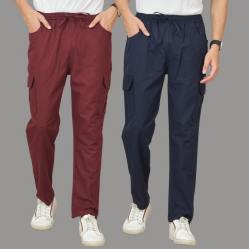 Combo of 2 Cotton Cargo Pant Navy Blue and Wine-48352