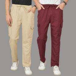 Combo of 2 Cotton Cargo Pant Wine and Beige-48336