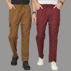 Combo of 2 Cotton Cargo Pant Wine and Brown-48347