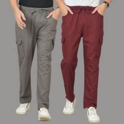Combo of 2 Cotton Cargo Pant Wine and Gray-48329