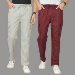 Combo of 2 Cotton Cargo Pant Wine and Light Gray-48321