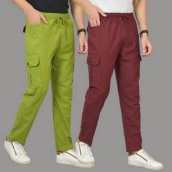 Combo of 2 Cotton Cargo Pant Wine and Olive Green-48312