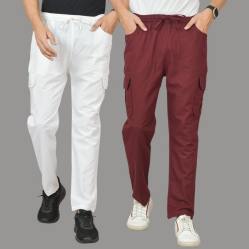 Combo of 2 Cotton Cargo Pant Wine and White-48342