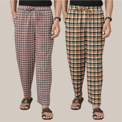 Combo of 2 Cotton Checked Men Pyjamas Pink and Orange-39792