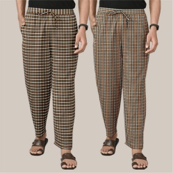 Combo of 2 Cotton Checked Men Pyjamas Yellow and Brown-39796