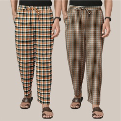 Combo of 2 Cotton Checked Men Pyjamas Yellow and Orange-39791