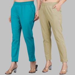 Combo of 2 Cotton Cyan and Beige Women Regular Fit Solid Trousers-47644