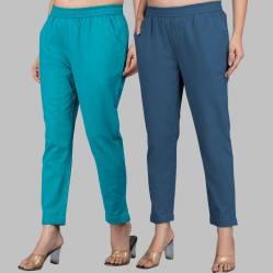 Combo of 2 Cotton Cyan and Denim Women Regular Fit Solid Trousers-47647