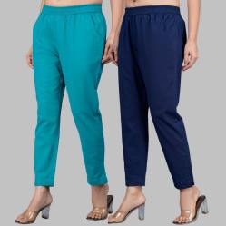 Combo of 2 Cotton Cyan and Navy Blue Women Regular Fit Solid Trousers-47645