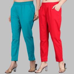 Combo of 2 Cotton Cyan and Red Women Regular Fit Solid Trousers-47646