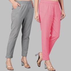Combo of 2 Cotton Gray and Baby Pink Women Regular Fit Solid Trousers-47524