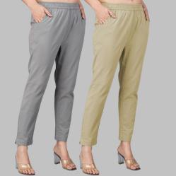 Combo of 2 Cotton Gray and Beige Women Regular Fit Solid Trousers-47530