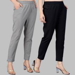 Combo of 2 Cotton Gray and Black Women Regular Fit Solid Trousers-47518