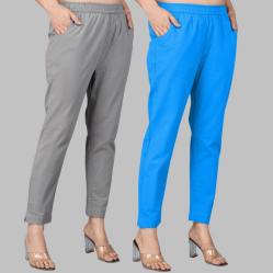 Combo of 2 Cotton Gray and Blue Women Regular Fit Solid Trousers-47526