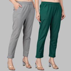 Combo of 2 Cotton Gray and Bottle Green Women Regular Fit Solid Trousers-47519