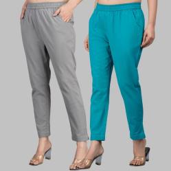 Combo of 2 Cotton Gray and Cyan Women Regular Fit Solid Trousers-47529