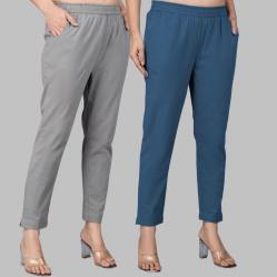 Combo of 2 Cotton Gray and Denim Women Regular Fit Solid Trousers-47533