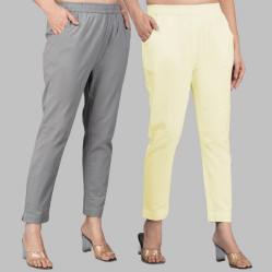 Combo of 2 Cotton Gray and Lemon Yellow Women Regular Fit Solid Trousers-47525