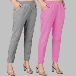 Combo of 2 Cotton Gray and Light Pink Women Regular Fit Solid Trousers-47527