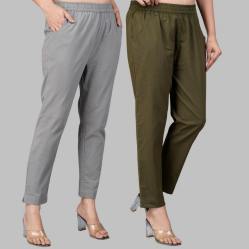 Combo of 2 Cotton Gray and Mehndi Green Women Regular Fit Solid Trousers-47521
