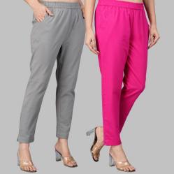 Combo of 2 Cotton Gray and Pink Women Regular Fit Solid Trousers-47522