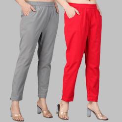 Combo of 2 Cotton Gray and Red Women Regular Fit Solid Trousers-47532