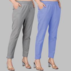 Combo of 2 Cotton Gray and Sky Blue Women Regular Fit Solid Trousers-47528