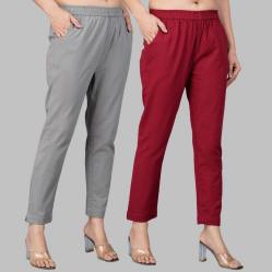 Combo of 2 Cotton Gray and Wine Women Regular Fit Solid Trousers-47520