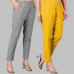 Combo of 2 Cotton Gray and Yellow Women Regular Fit Solid Trousers-47523