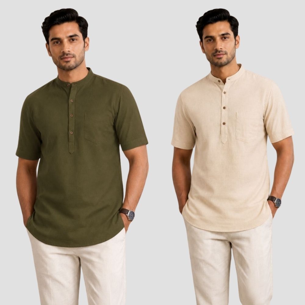 Combo of 2 Cotton Half Sleeves Kurta Army Green and Beige-51295