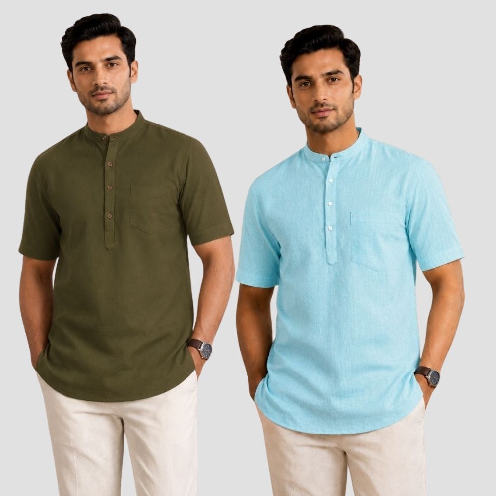Combo of 2 Cotton Half Sleeves Kurta Army Green and Blue-51314