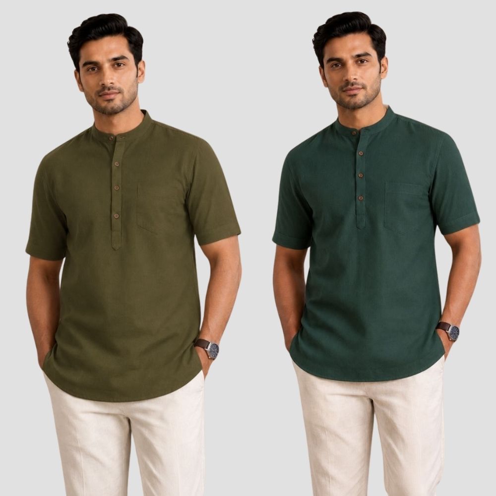 Combo of 2 Cotton Half Sleeves Kurta Army Green and Bottle Green-51298