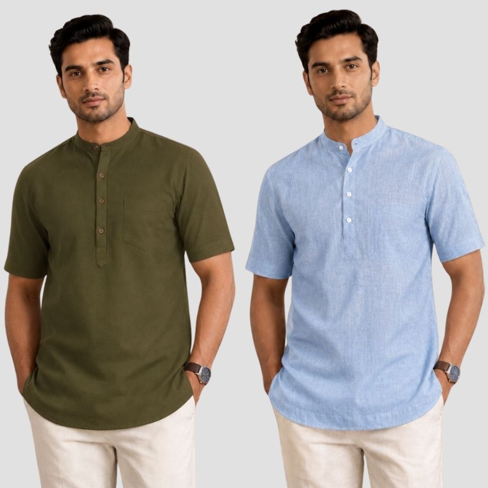 Combo of 2 Cotton Half Sleeves Kurta Army Green and Denim-51296