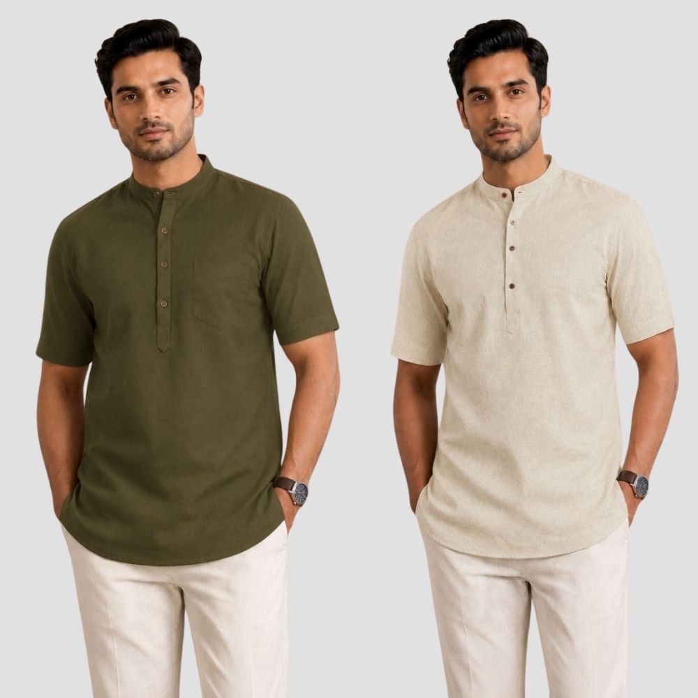 Combo of 2 Cotton Half Sleeves Kurta Army Green and Light Beige-51303