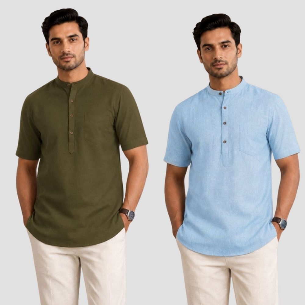 Combo of 2 Cotton Half Sleeves Kurta Army Green and Light Blue-51300