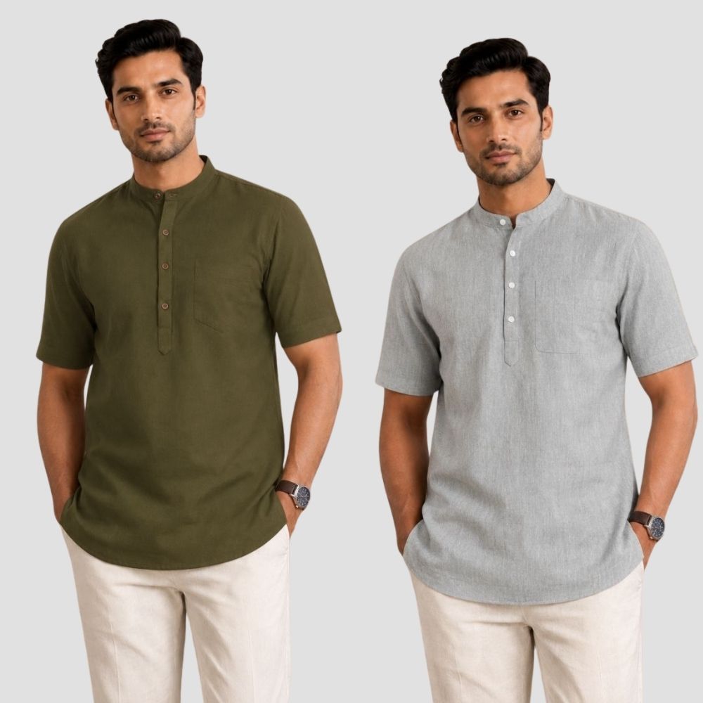 Combo of 2 Cotton Half Sleeves Kurta Army Green and Light Gray-51301