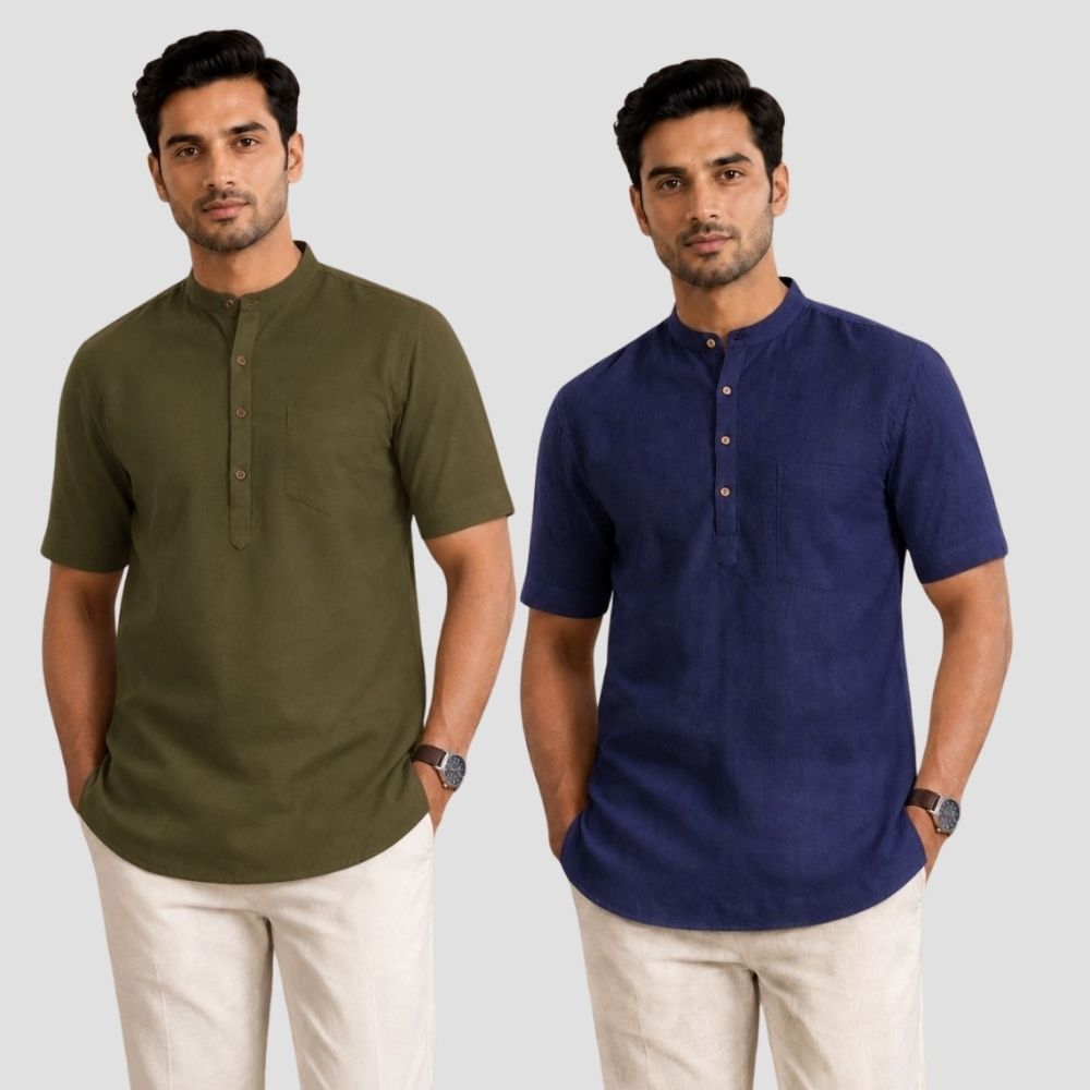 Combo of 2 Cotton Half Sleeves Kurta Army Green and Navy Blue-51308