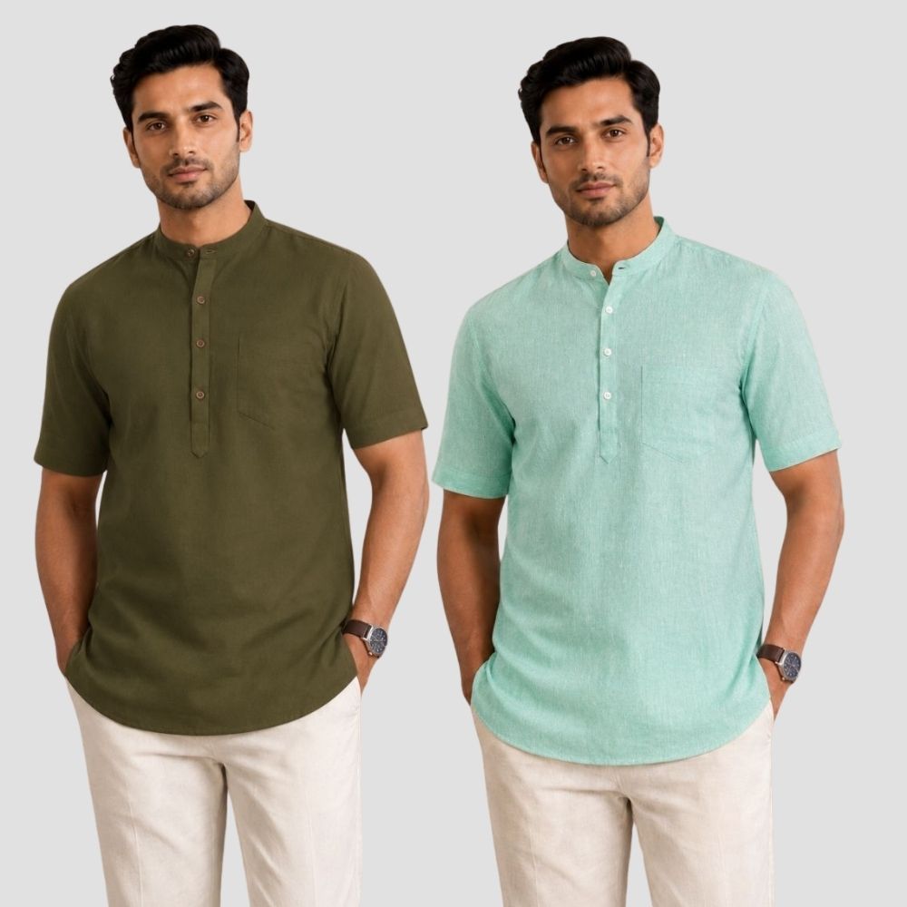 Combo of 2 Cotton Half Sleeves Kurta Army Green and Parrot Green-51312