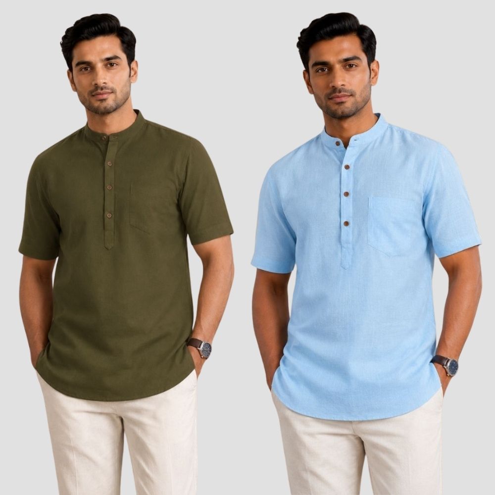 Combo of 2 Cotton Half Sleeves Kurta Army Green and Sky Blue-51306