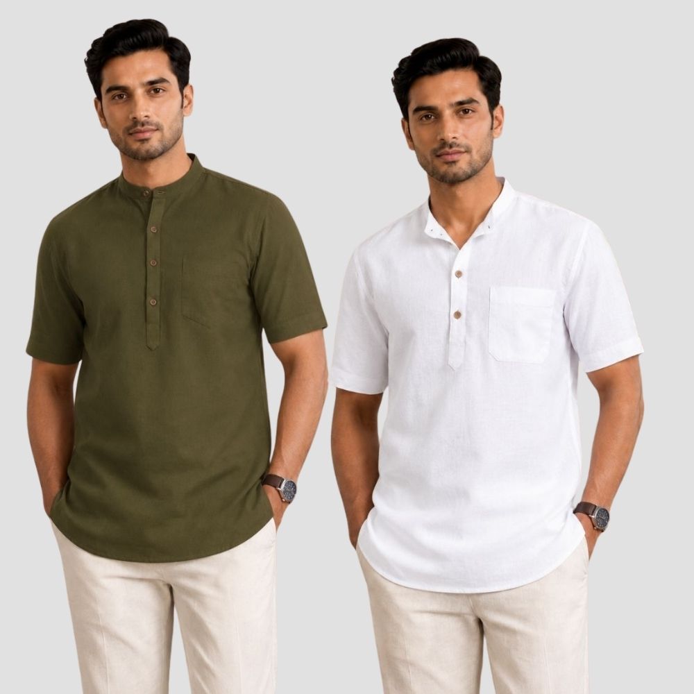 Combo of 2 Cotton Half Sleeves Kurta Army Green and White-51315