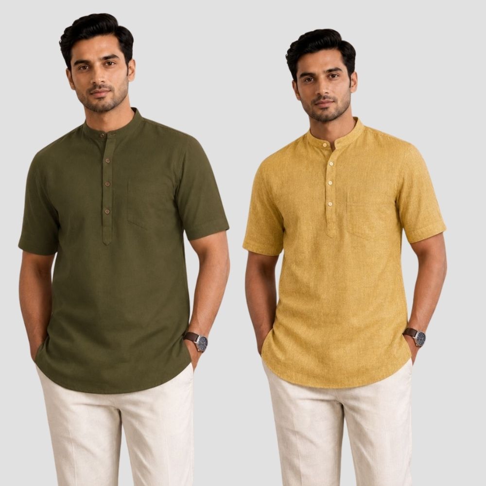 Combo of 2 Cotton Half Sleeves Kurta Army Green and Yellow-51316