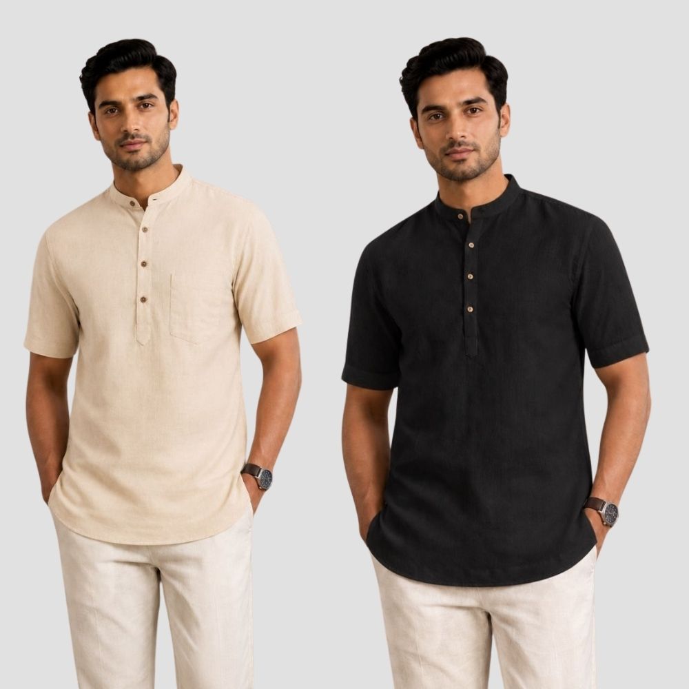 Combo of 2 Cotton Half Sleeves Kurta Beige and Black-51318