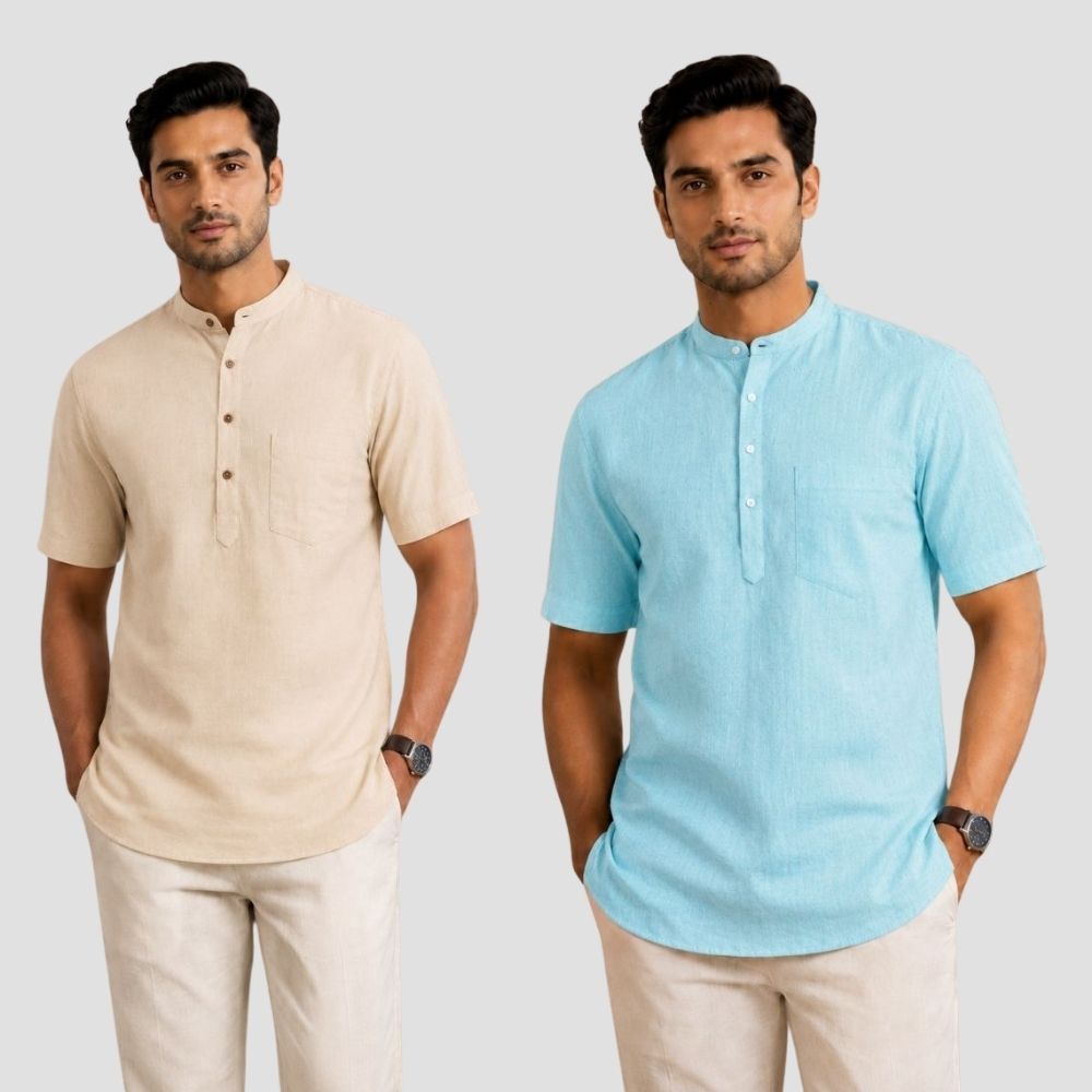 Combo of 2 Cotton Half Sleeves Kurta Beige and Blue-51335