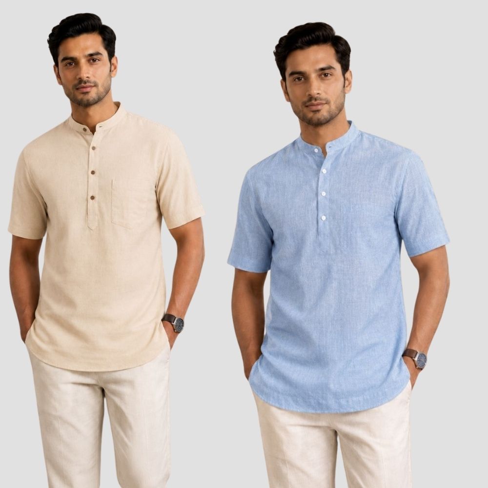 Combo of 2 Cotton Half Sleeves Kurta Beige and Denim-51317