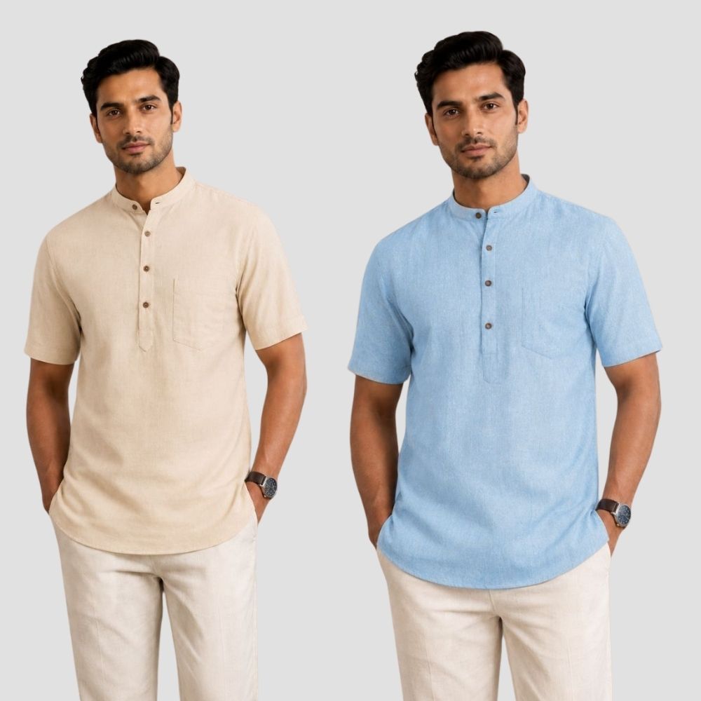 Combo of 2 Cotton Half Sleeves Kurta Beige and Light Blue-51321