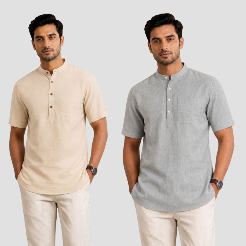 Combo of 2 Cotton Half Sleeves Kurta Beige and Light Gray-51322