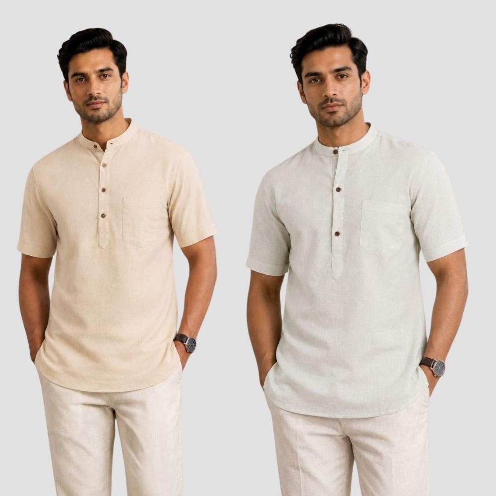 Combo of 2 Cotton Half Sleeves Kurta Beige and Off White-51325