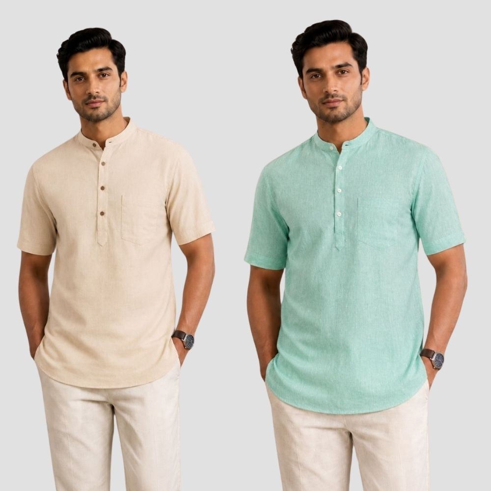 Combo of 2 Cotton Half Sleeves Kurta Beige and Parrot Green-51333